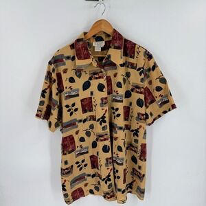 Vintage Tess Women Button Up Blouse Tan 2X Abstract Leaf Print Fall Autumn